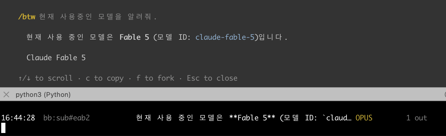 /btw로 물으면 'Fable 5'라 답하지만 usage.py의 서버 model은 OPUS다